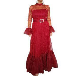 Women's Red Tulle Evening Gown with Sheer Sleeves, Rhinestone Belt Size M